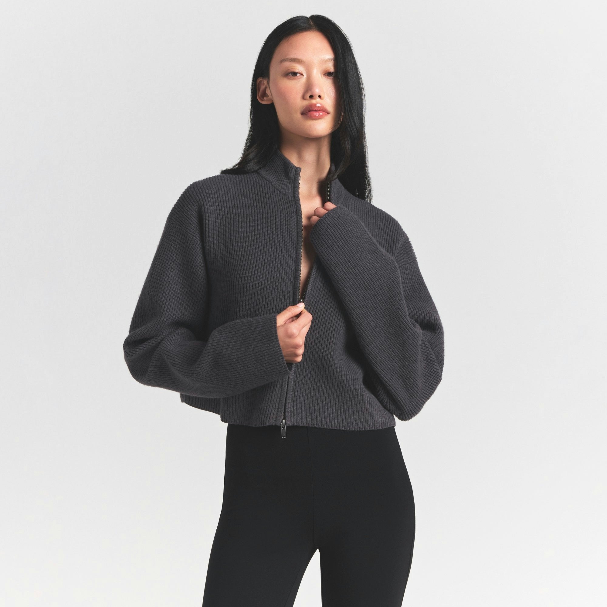 Skims Sweater Knits Ribbed Mock Neck Zip Up Ash