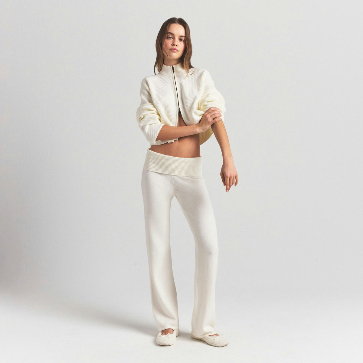 Skims Sweater Knits Ribbed Mock Neck Zip Up Ivory