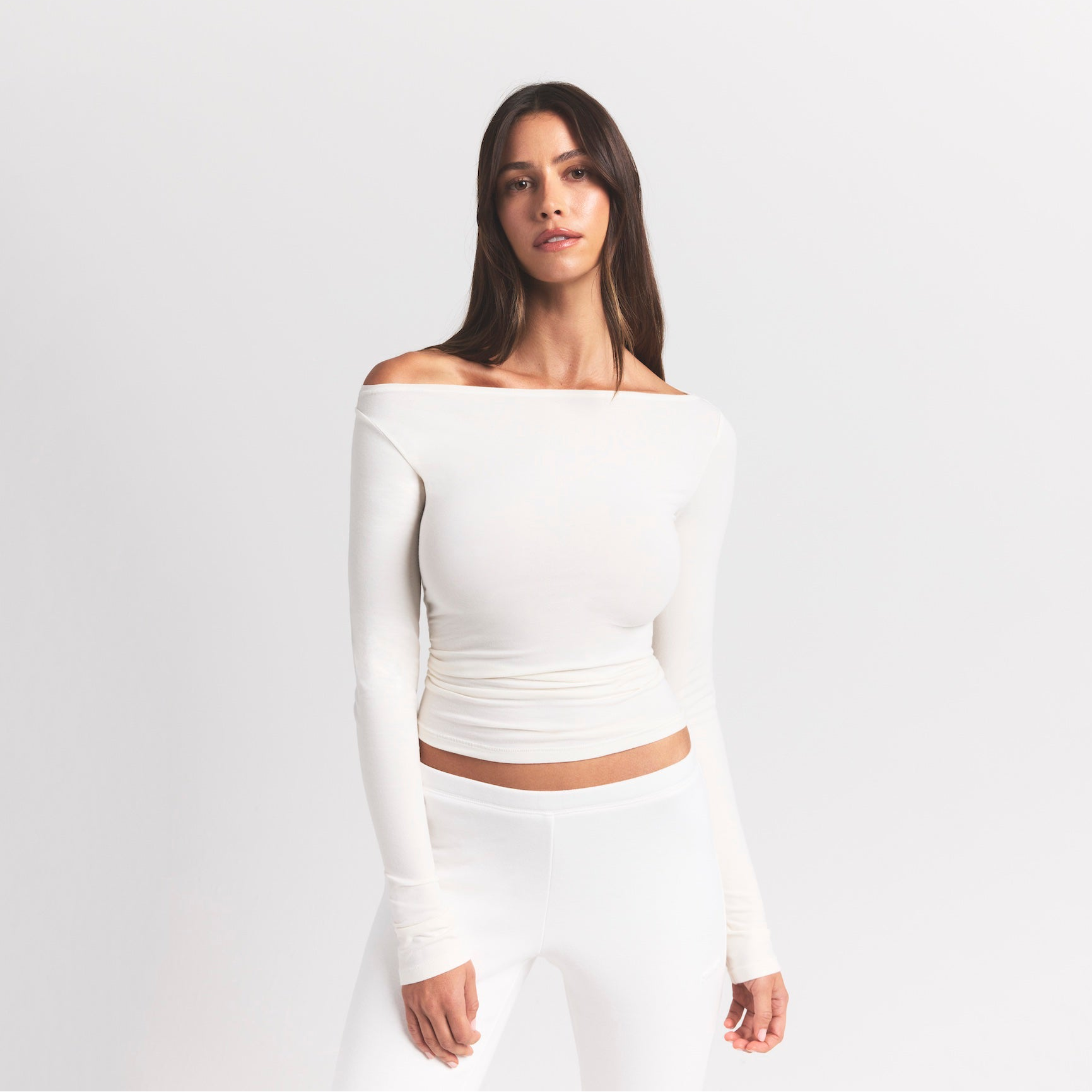 Skims Cotton Jersey Long Sleeve Boatneck Top Marble