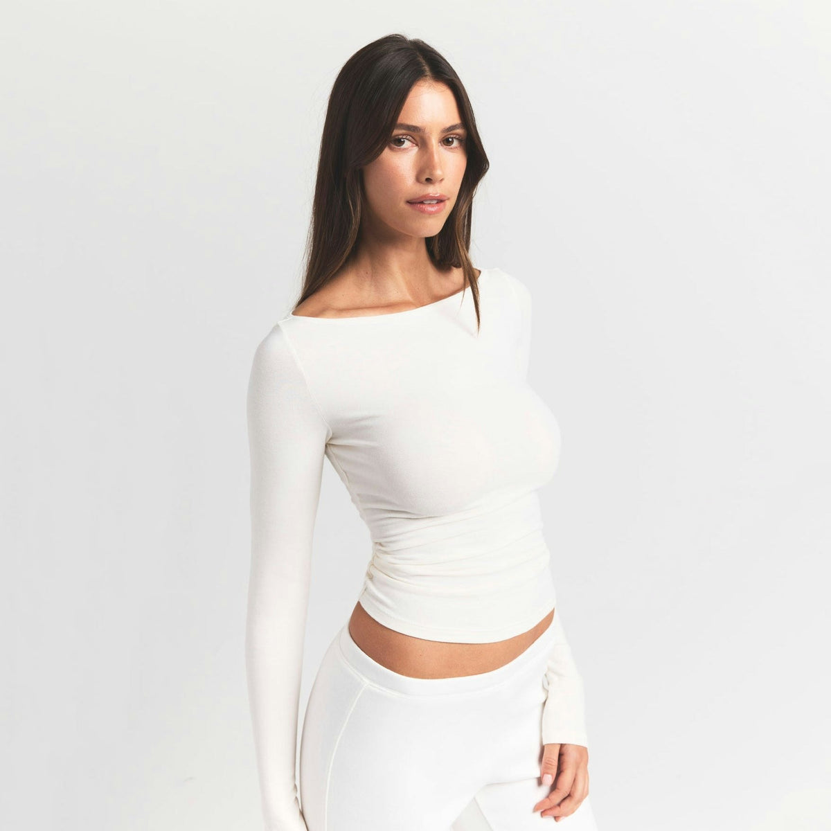 Skims Cotton Jersey Long Sleeve Boatneck Top Marble