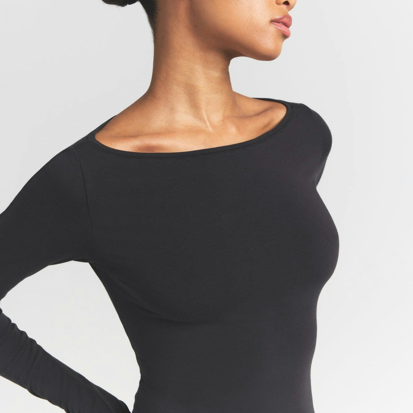 Skims Cotton Jersey Long Sleeve Boatneck Top Soot