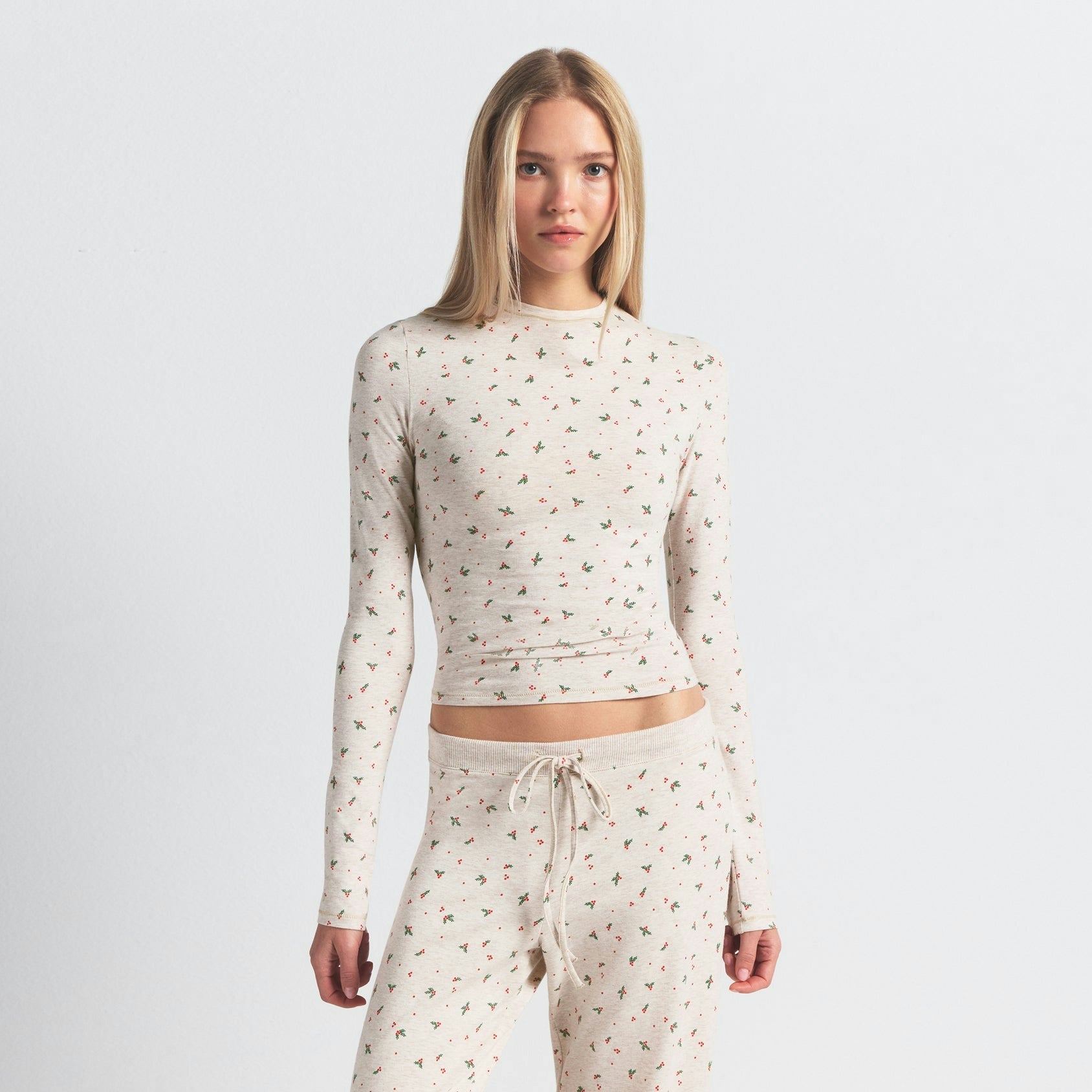 Skims Cotton Jersey Long Sleeve T-Shirt Oatmeal Heather Holly Print