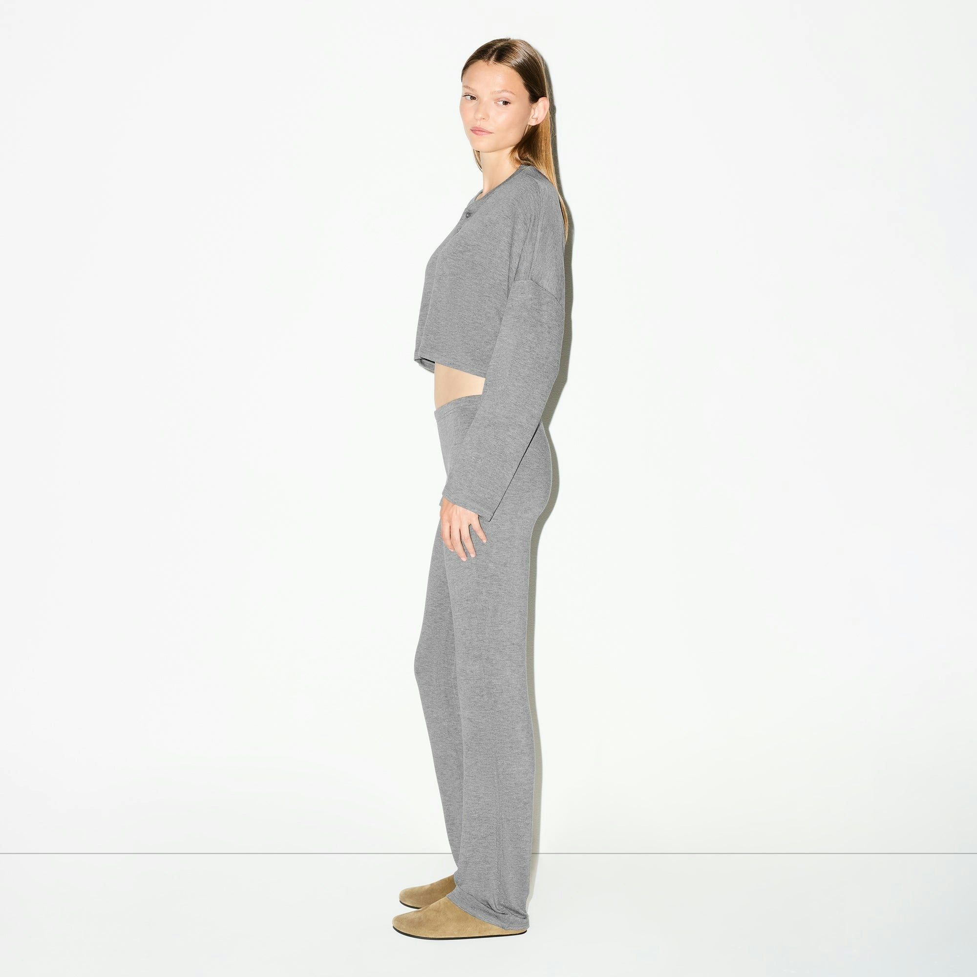 Skims Lightweight Modal Cropped Henley Dark Heather Grey