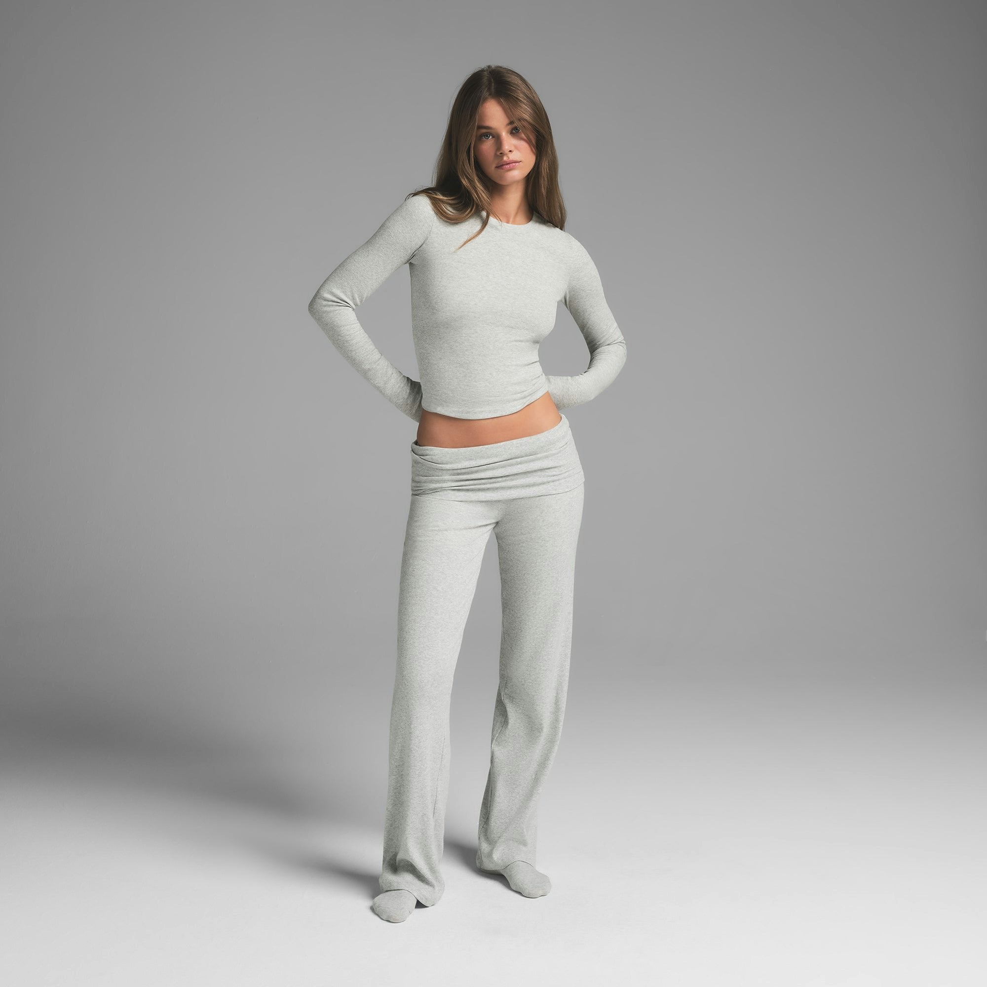 Skims Cotton Rib Long Sleeve T-Shirt Light Heather Grey