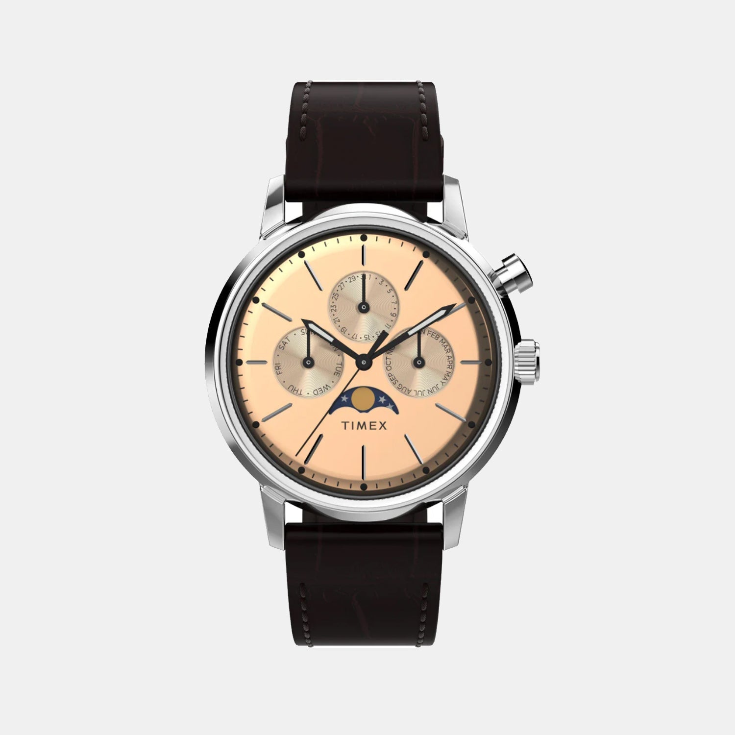 Timex Marlin Men Quartz Rose Gold Dial Multi-Function Leather Watch Tw2W51100Uj