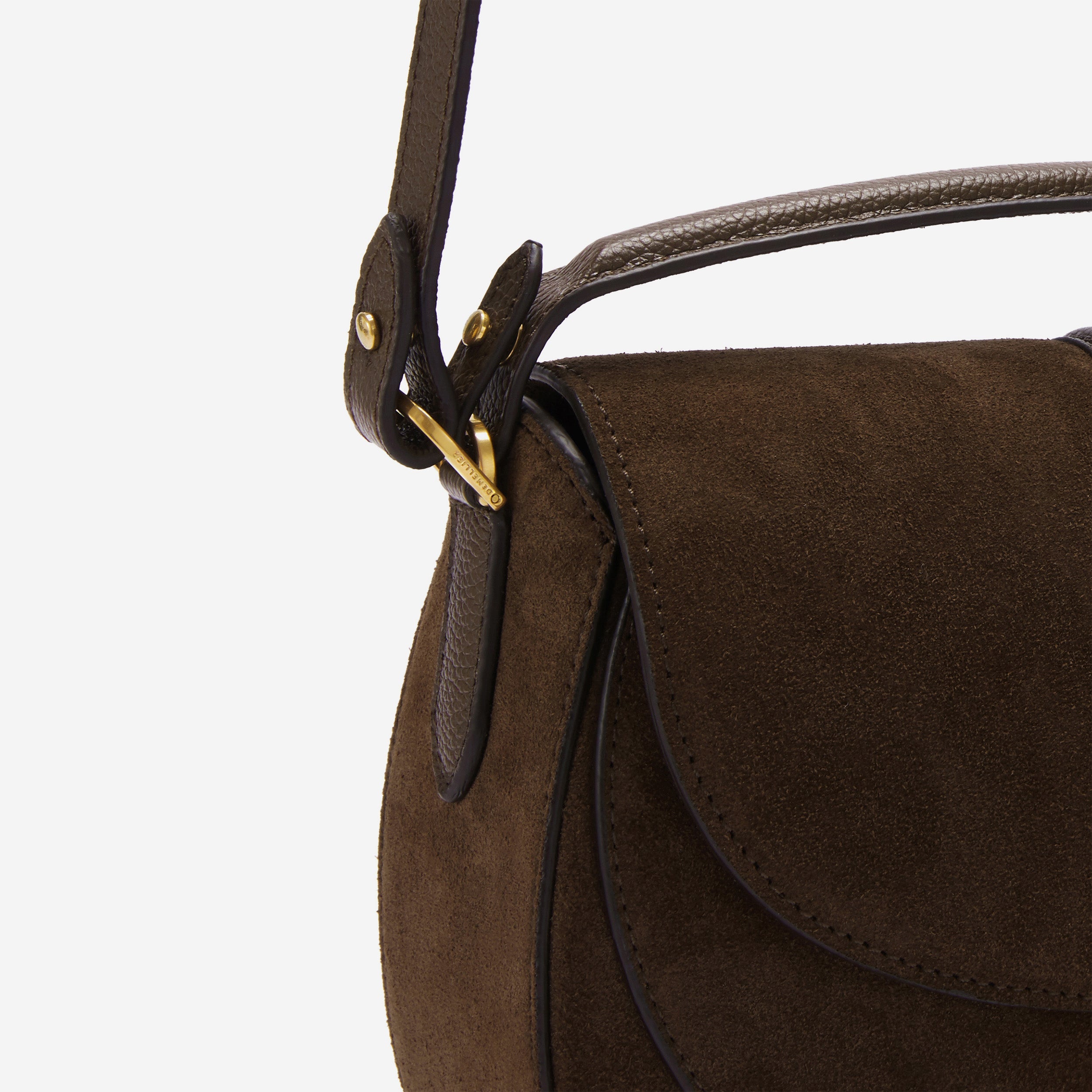 DeMellier The Siena Saddle mocha suede & mocha small grain