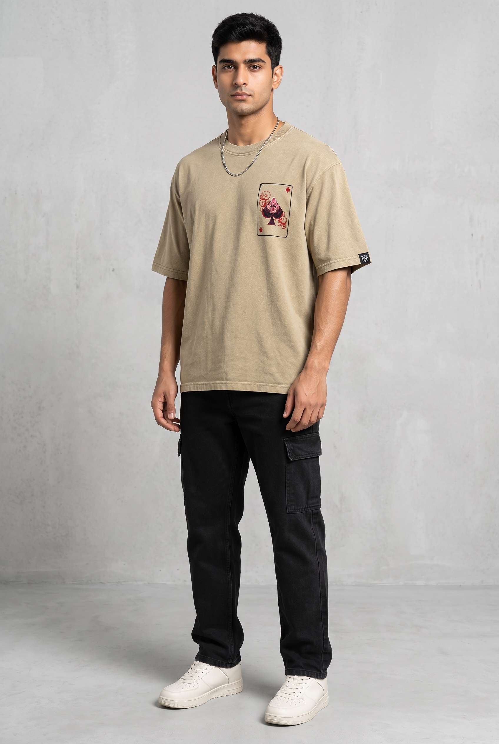 SPADE OF SECRETS BEIGE ACIDWASH MEN’S OVERSIZED T-SHIRT