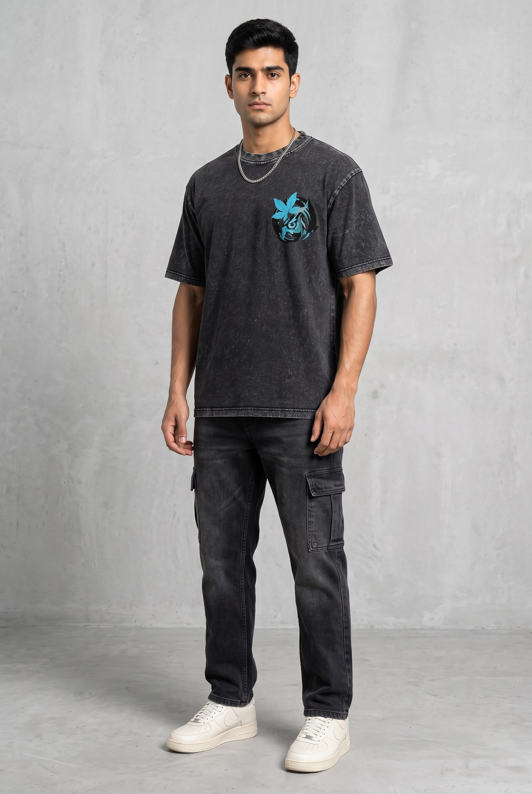 OWL VISION DARK GREY ACIDWASH MEN’S OVERSIZED T-SHIRT