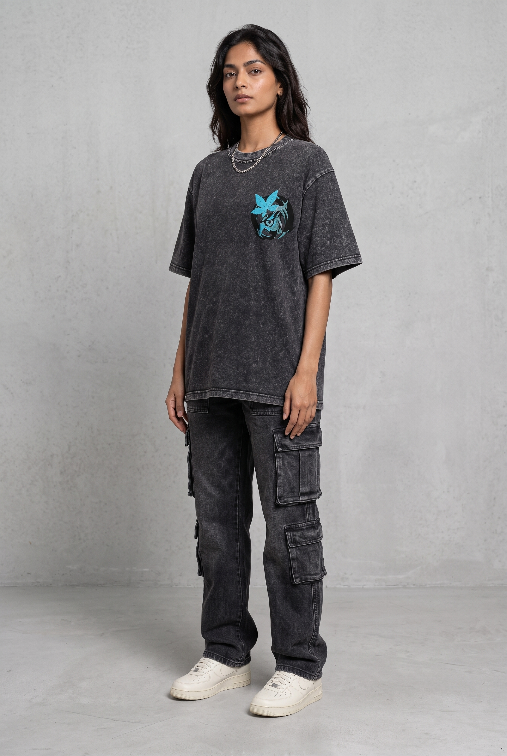 OWL VISION DARK GREY ACIDWASH WOMEN’S OVERSIZED T-SHIRT