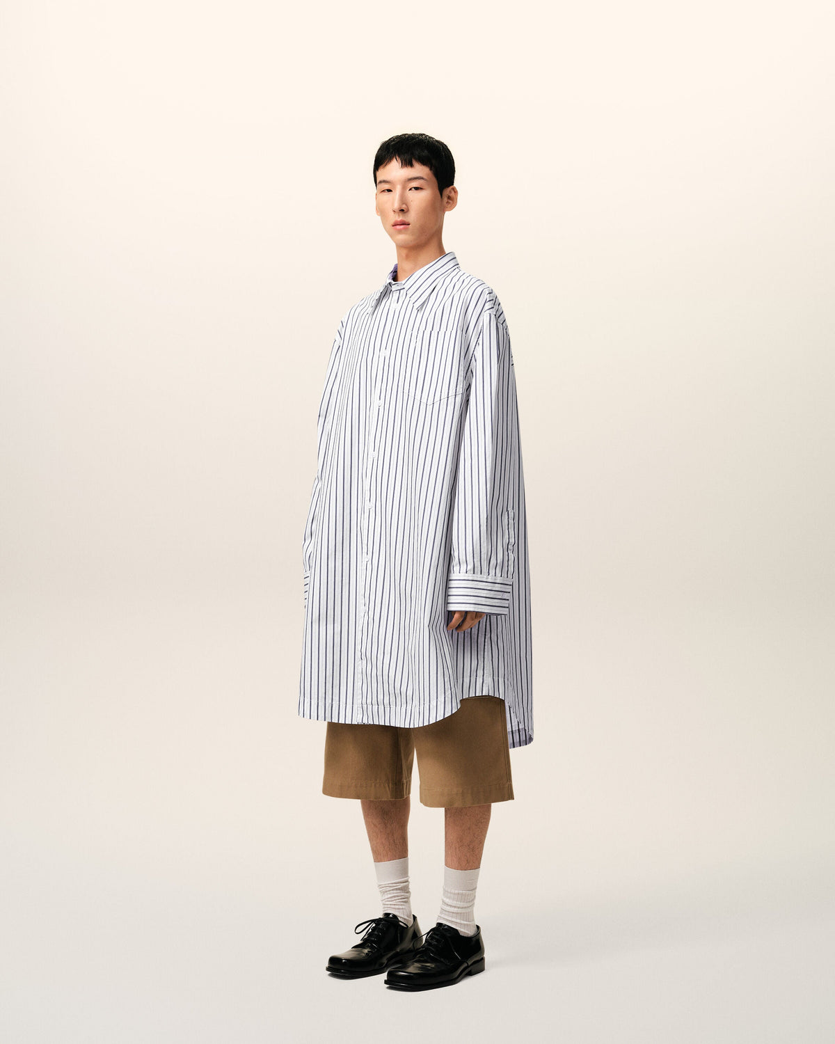 White Striped Cotton Ami De Coeur Wide Shirt Dress