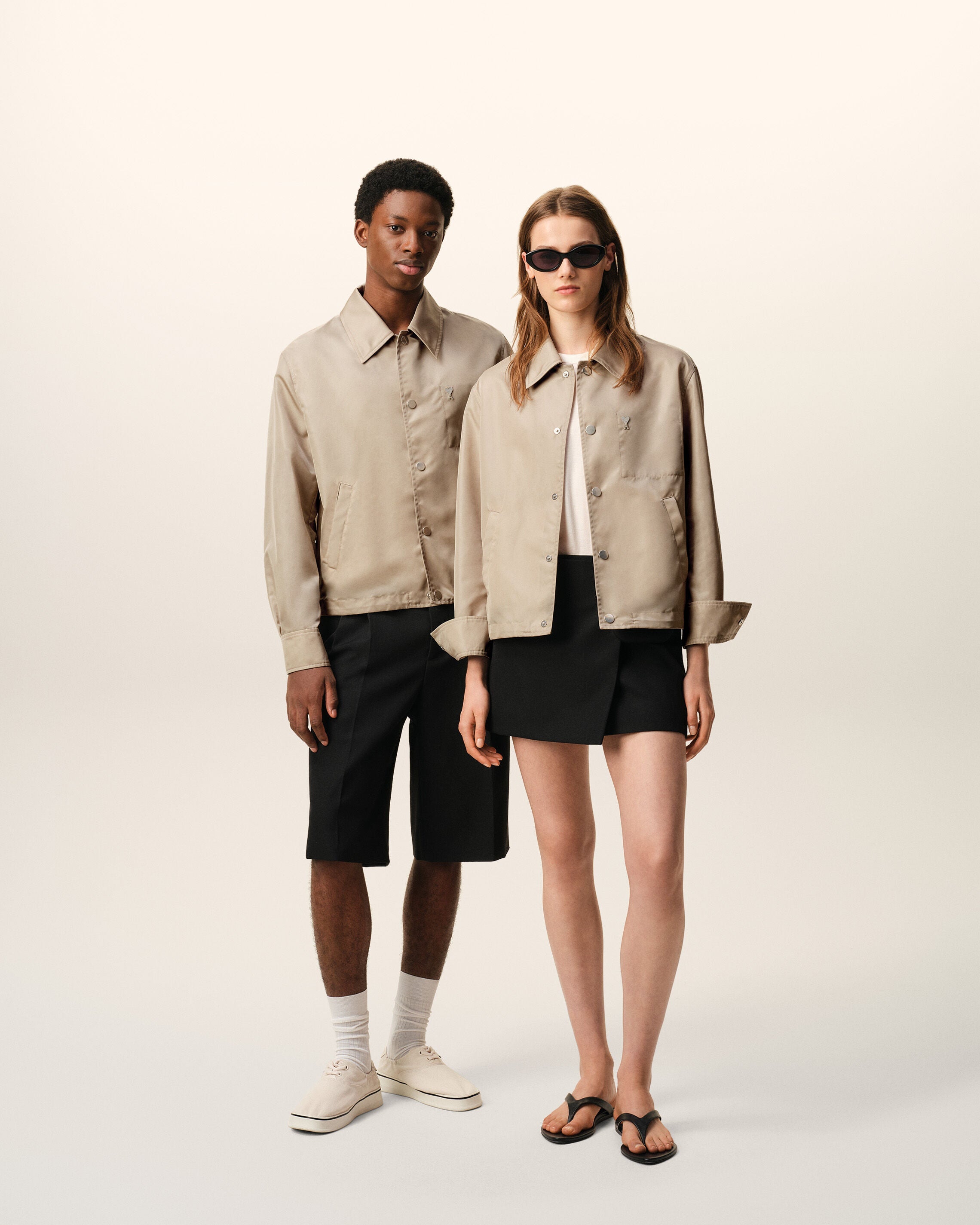 Beige Nylon Ami De Coeur Stud Buttoned Jacket