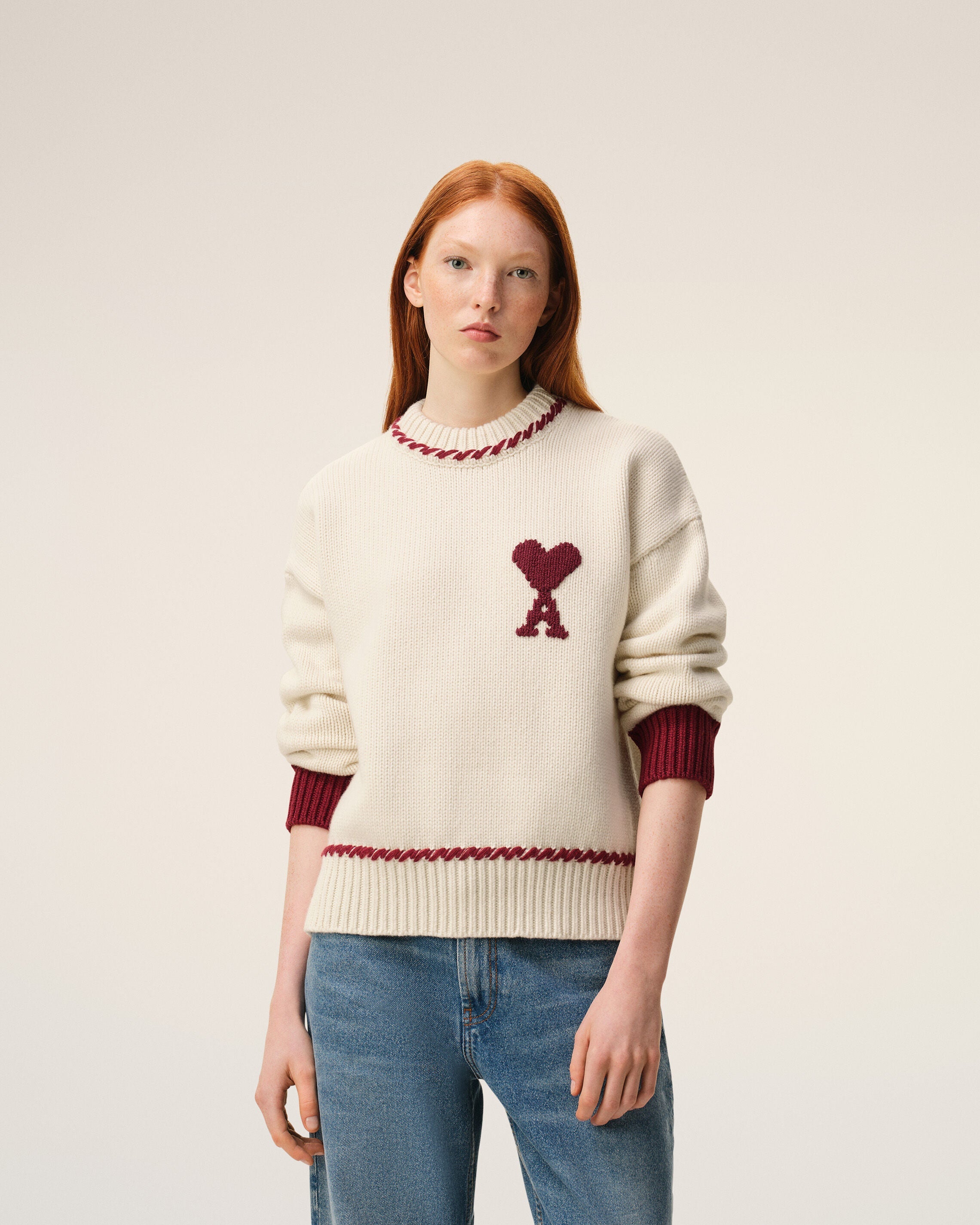 White Wool Ami De Coeur Crewneck Sweater
