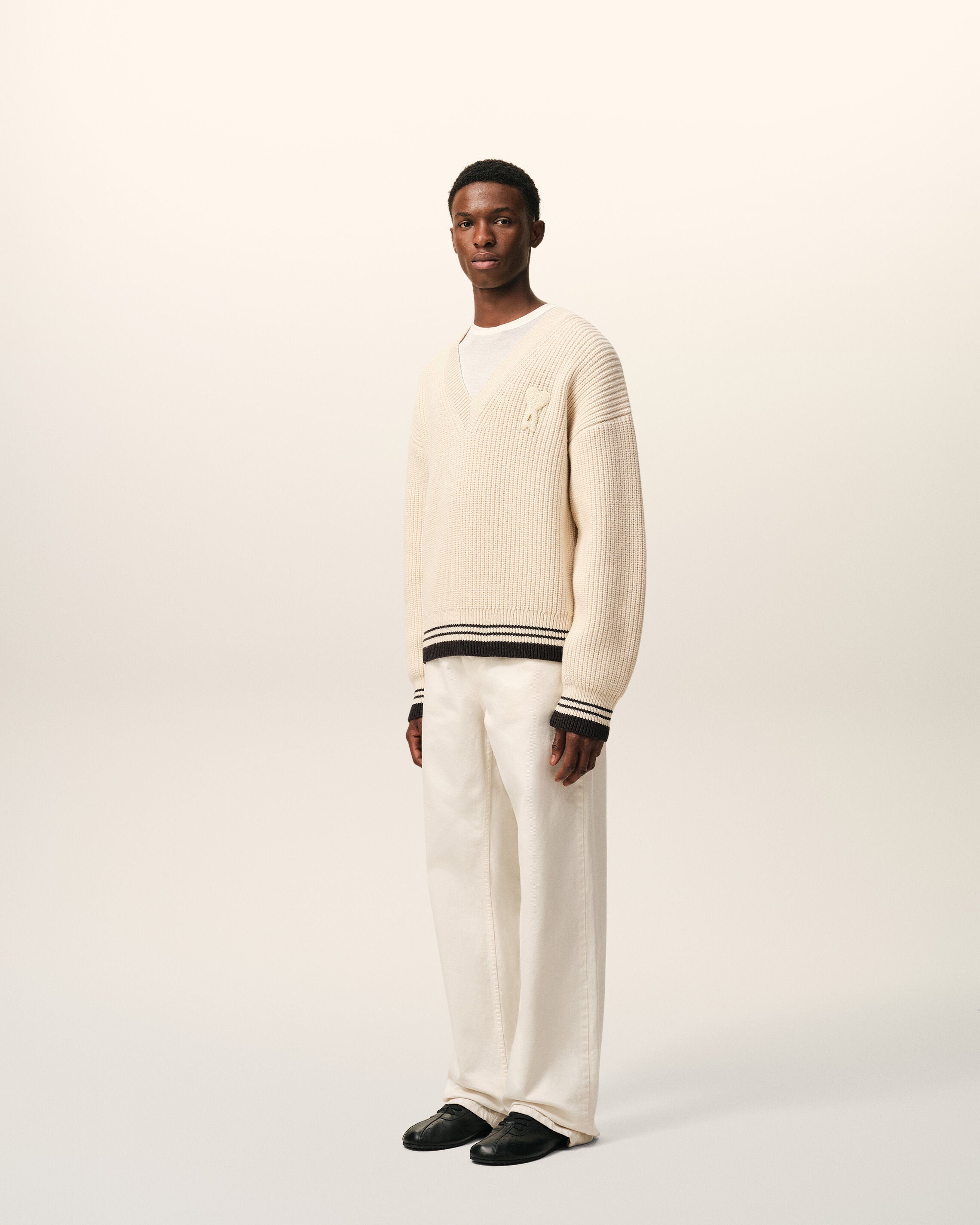 White Ribbed Wool V Neck Ami De Coeur Sweater