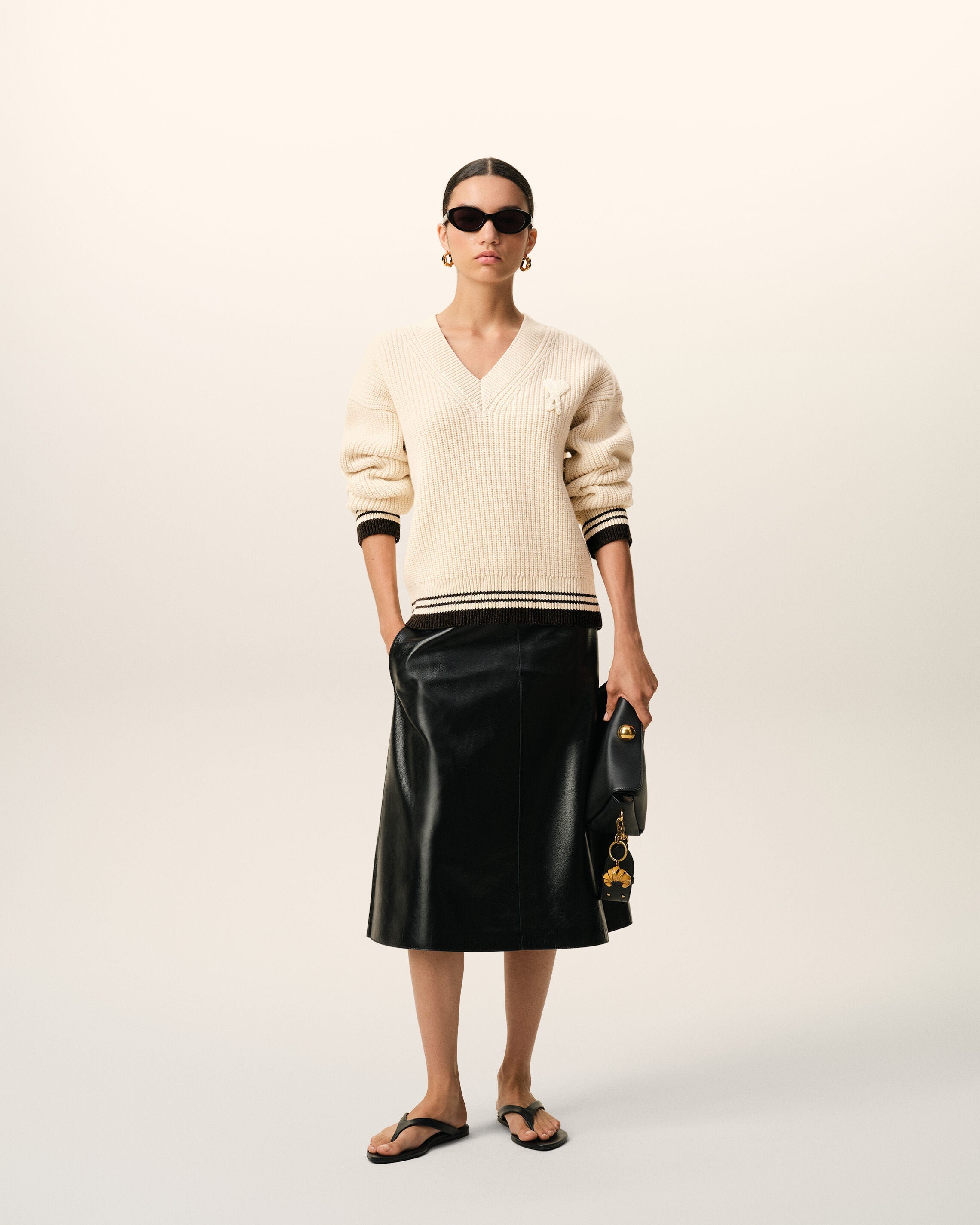 White Ribbed Wool V Neck Ami De Coeur Sweater