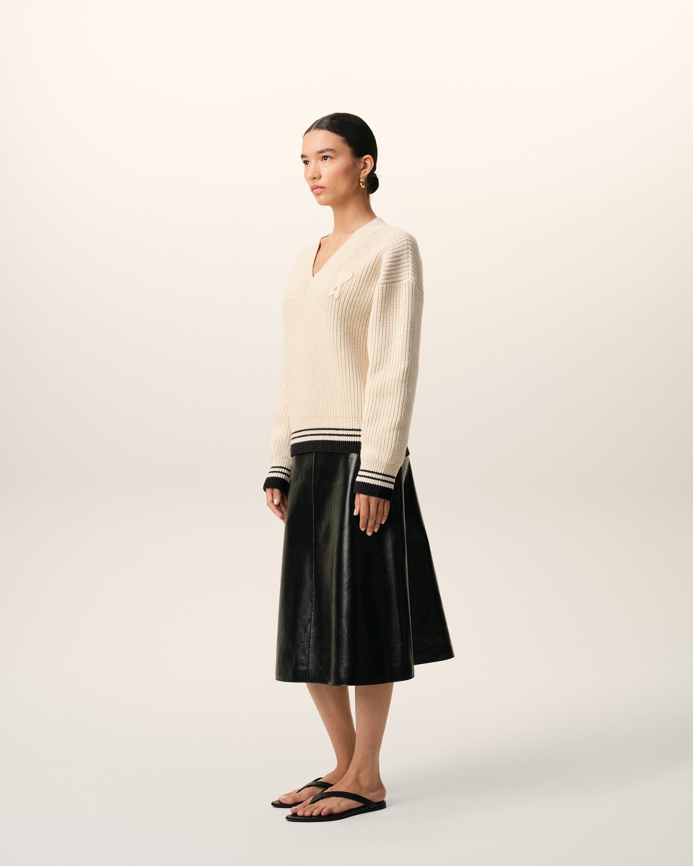 White Ribbed Wool V Neck Ami De Coeur Sweater