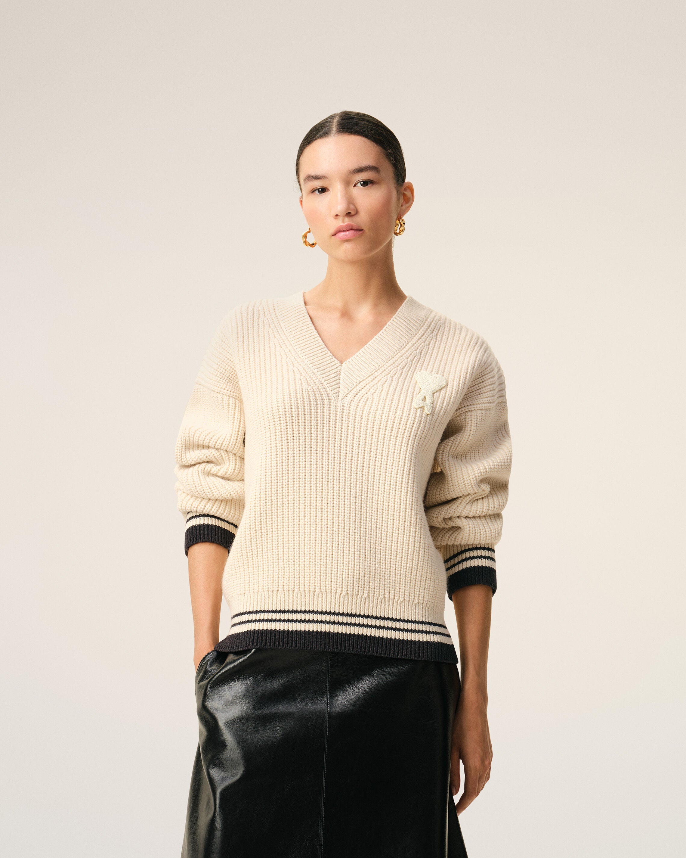 White Ribbed Wool V Neck Ami De Coeur Sweater
