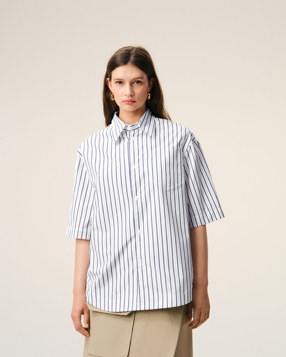 White Striped Cotton Short Sleeve Ami De Coeur Wide Shirt