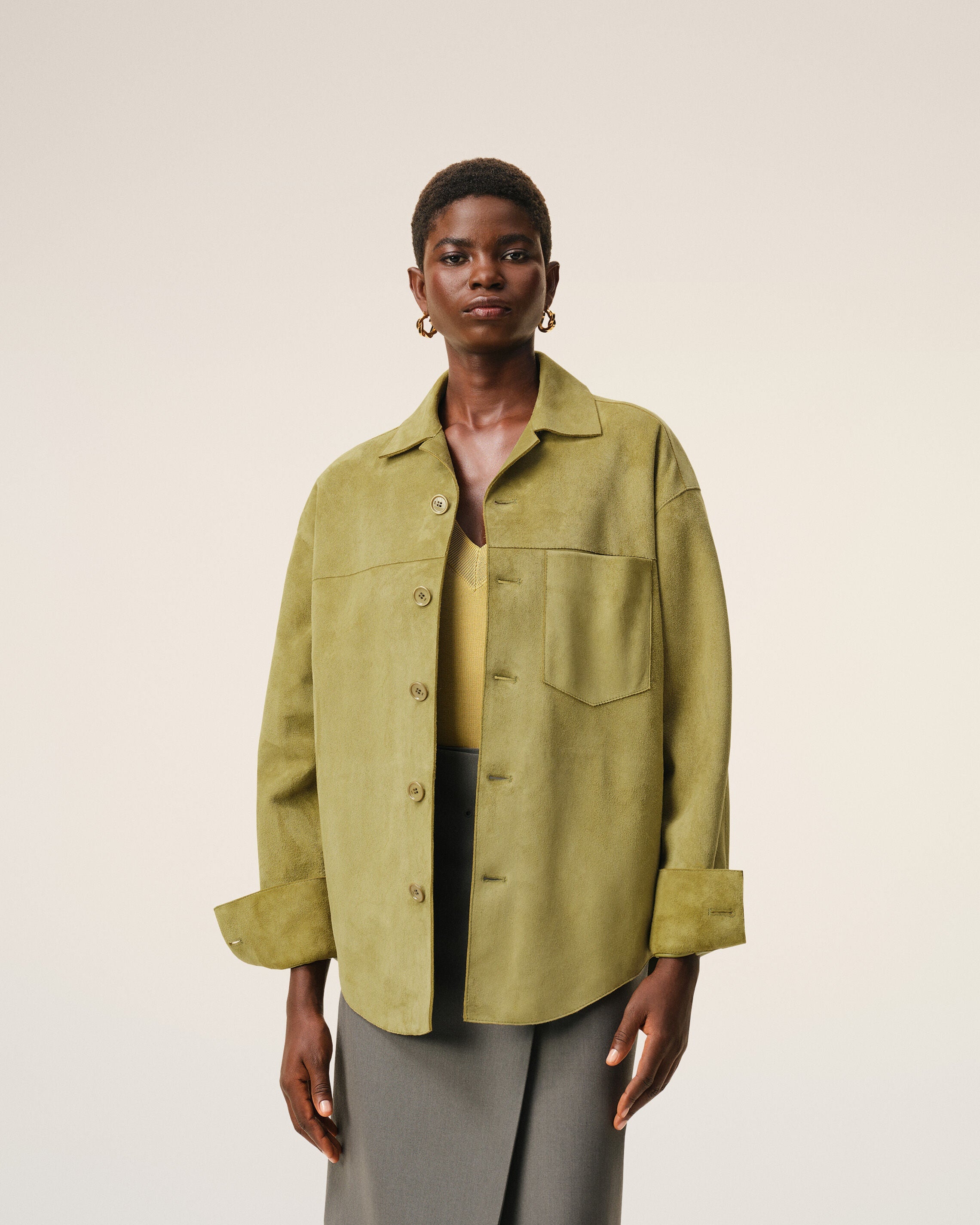 AmiParis Green Goat Leather Buttoned Overshirt