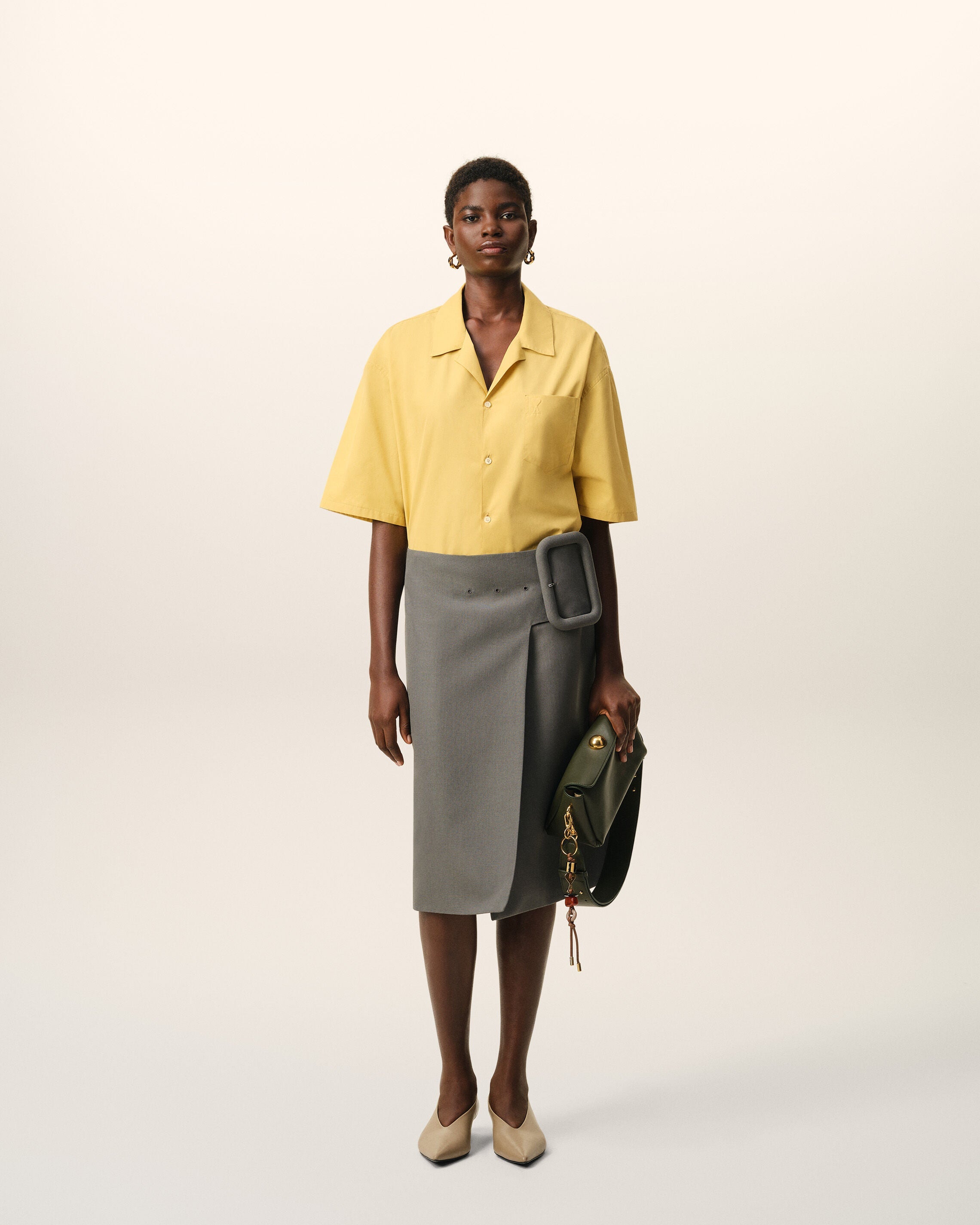 AmiParis Yellow Cotton Short Sleeve Camp Collar Boxy Shirt
