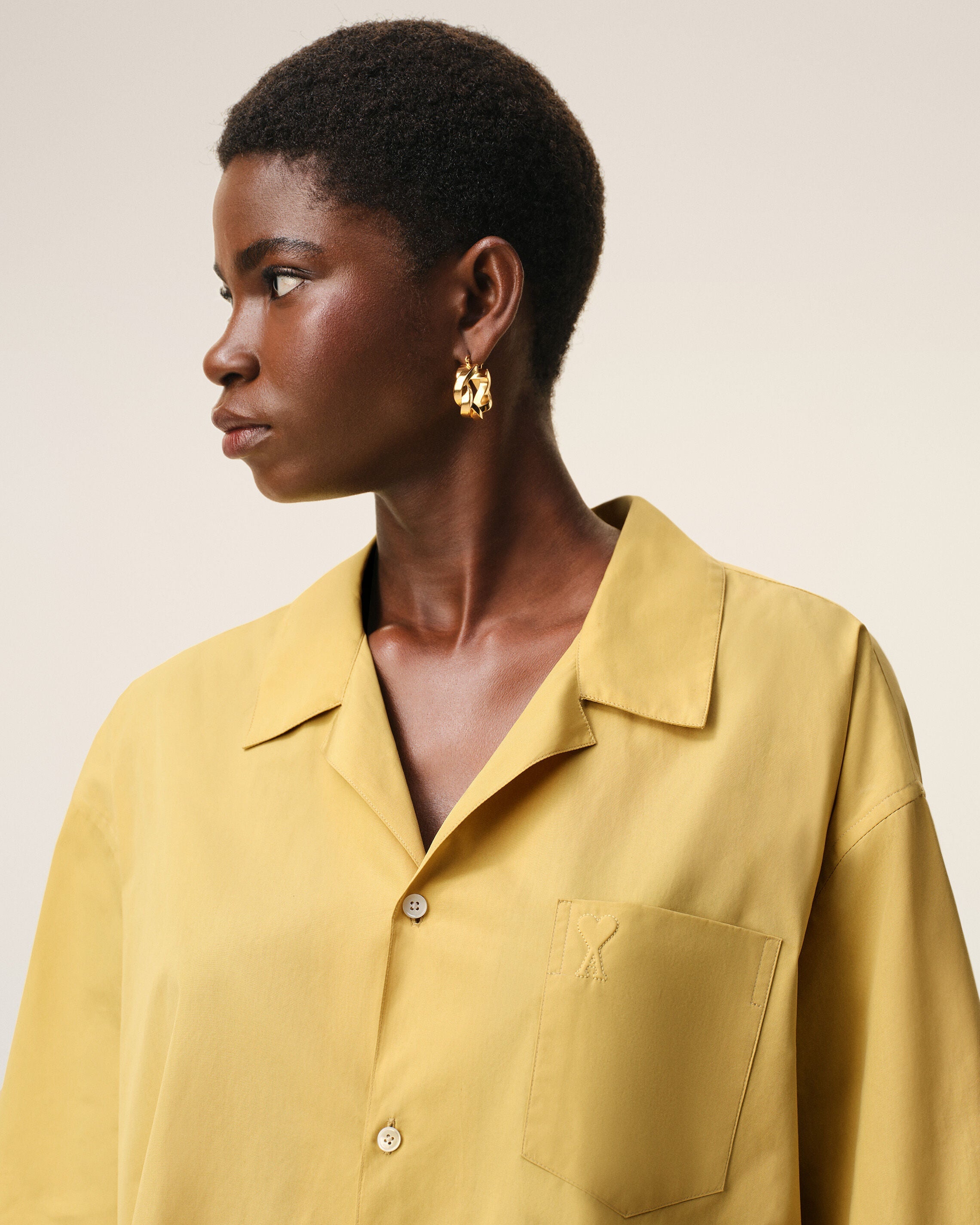 AmiParis Yellow Cotton Short Sleeve Camp Collar Boxy Shirt