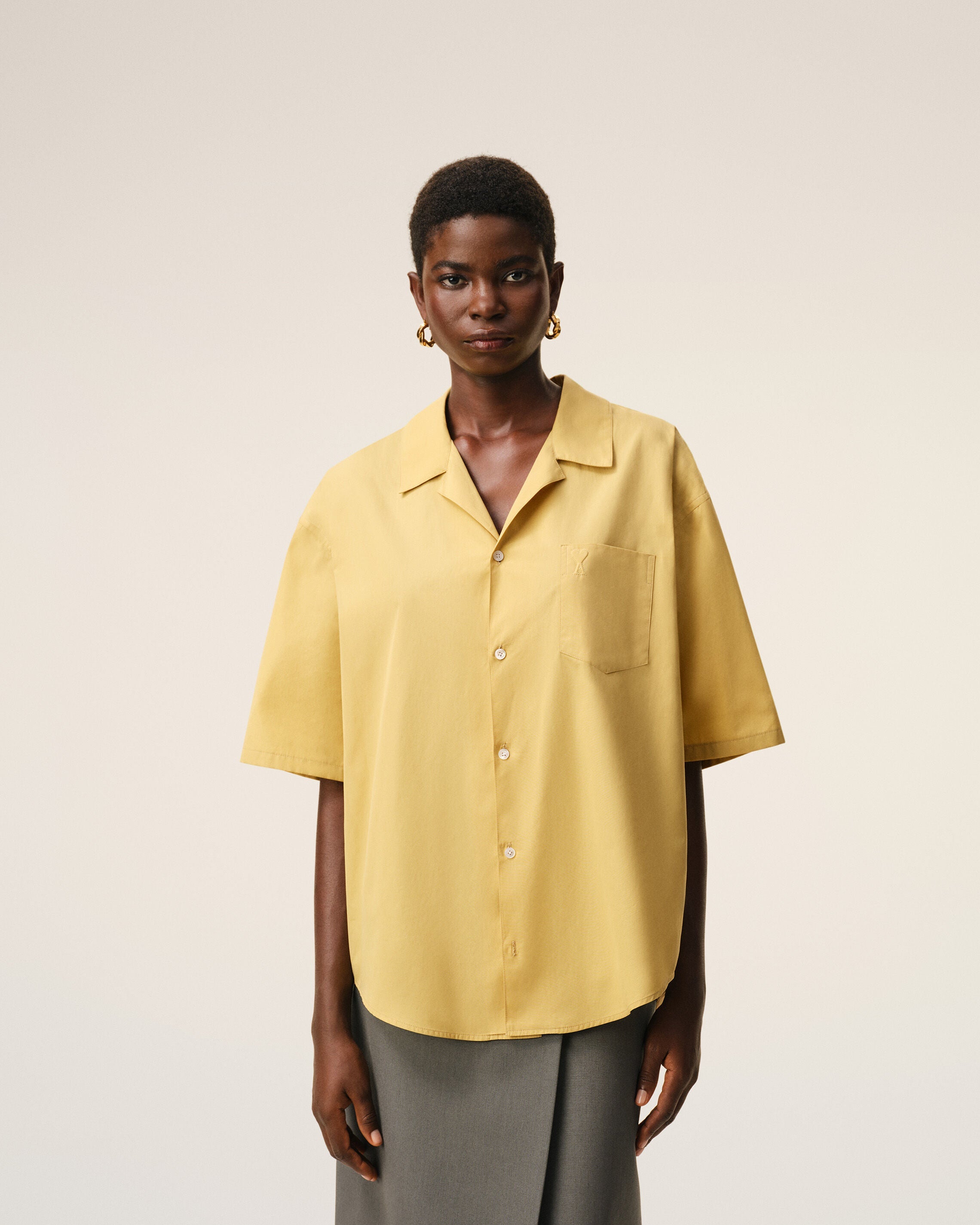AmiParis Yellow Cotton Short Sleeve Camp Collar Boxy Shirt