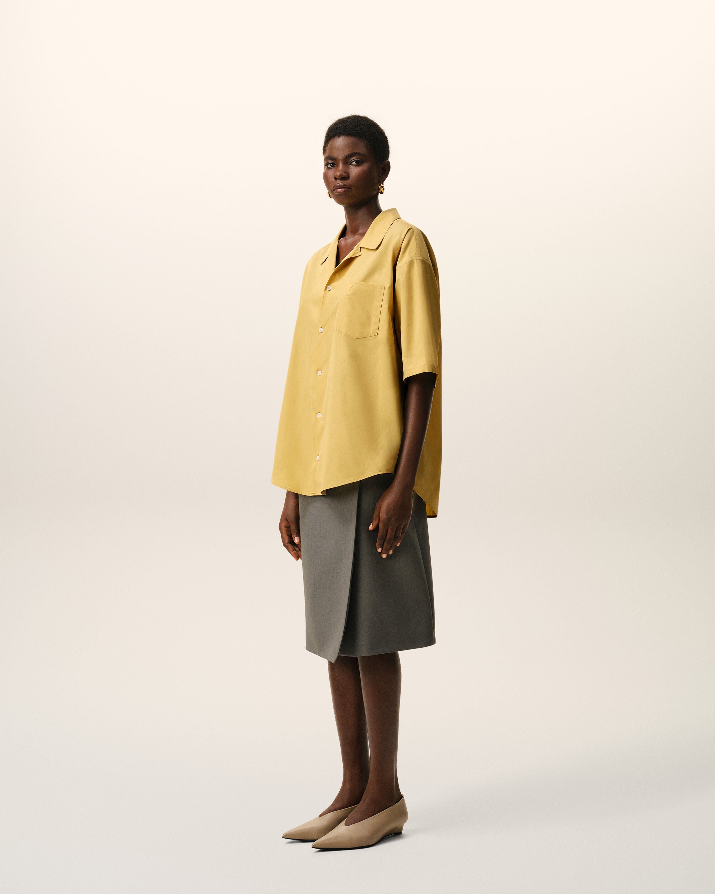 AmiParis Yellow Cotton Short Sleeve Camp Collar Boxy Shirt
