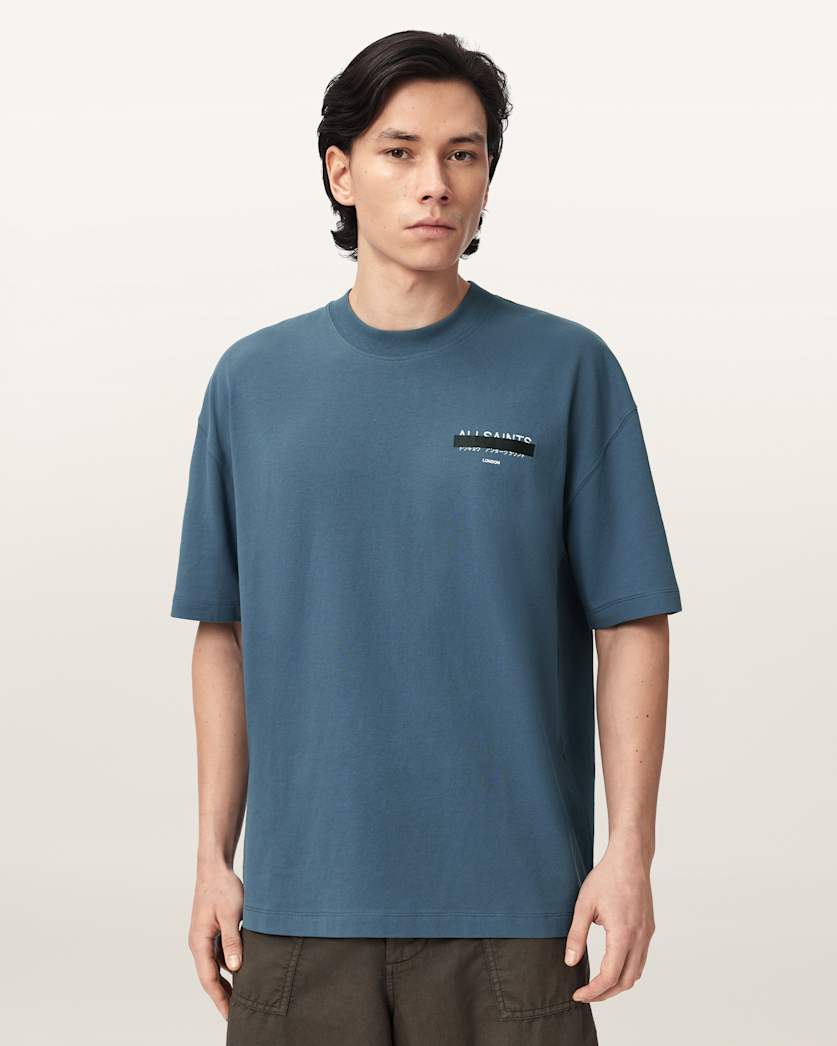 AllSaints Redact Oversized Embroidered Logo T Shirt Waved Blue