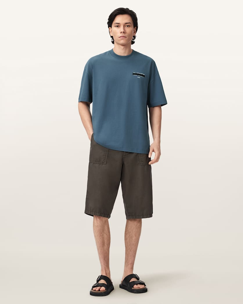 AllSaints Redact Oversized Embroidered Logo T Shirt Waved Blue