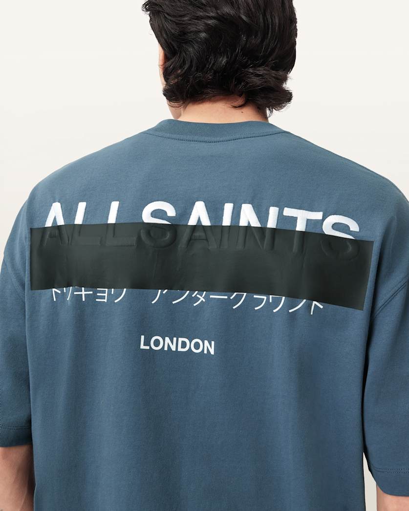 AllSaints Redact Oversized Embroidered Logo T Shirt Waved Blue