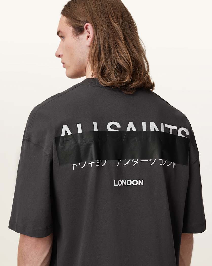 AllSaints Redact Oversized Embroidered Logo T Shirt Waved Blue