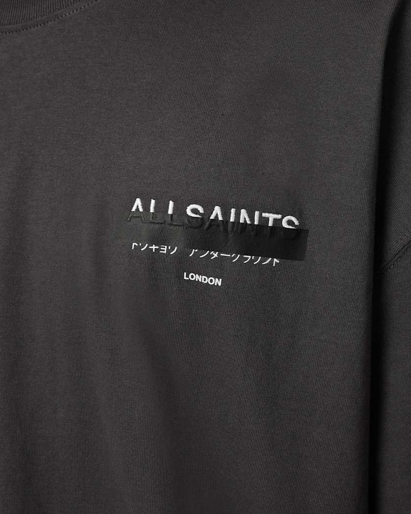 AllSaints Redact Oversized Embroidered Logo T Shirt Waved Blue