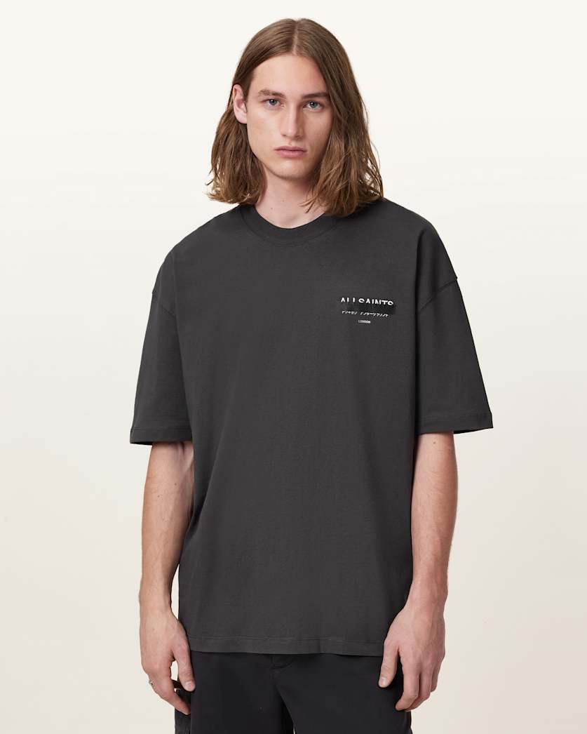 AllSaints Redact Oversized Embroidered Logo T Shirt Waved Blue
