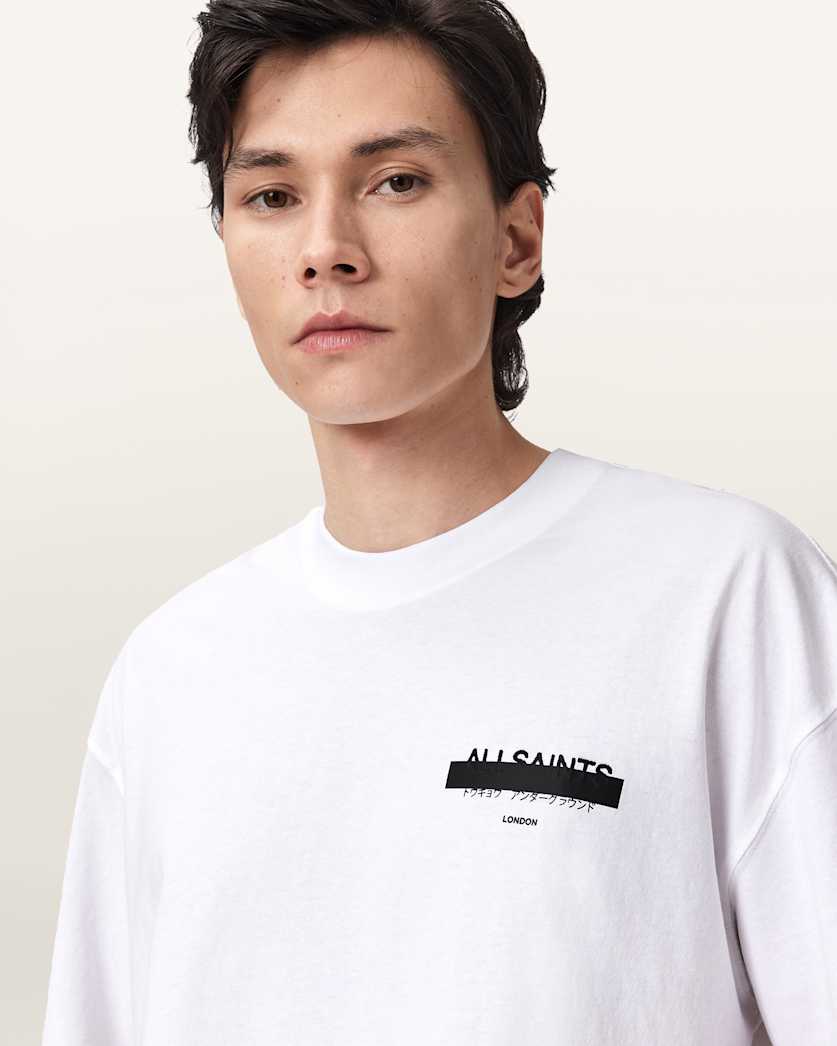 AllSaints Redact Oversized Embroidered Logo T Shirt Waved Blue