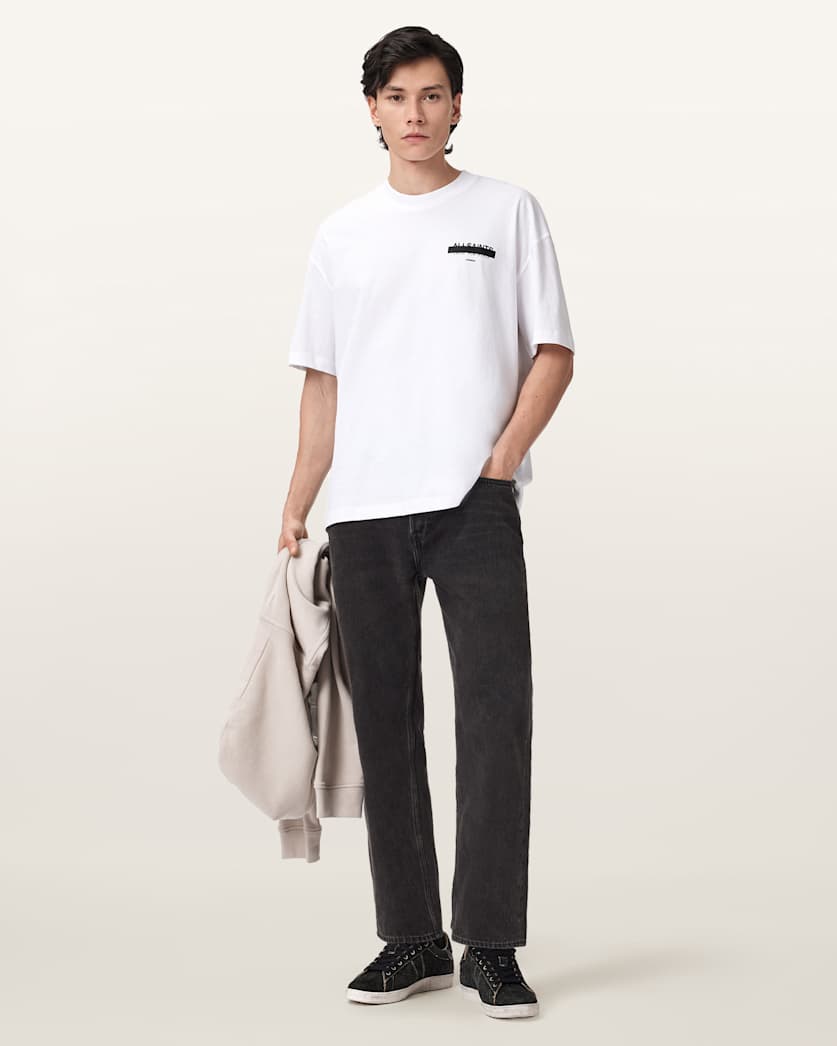 AllSaints Redact Oversized Embroidered Logo T Shirt Waved Blue