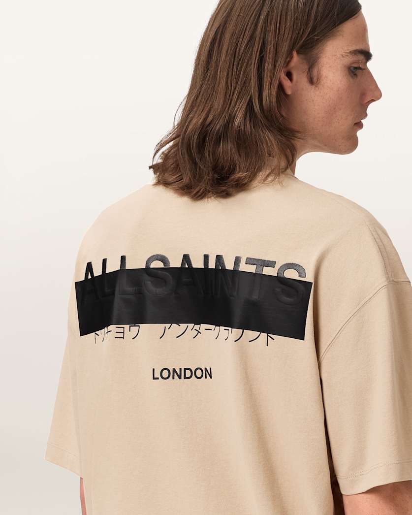 AllSaints Redact Oversized Embroidered Logo T Shirt Waved Blue