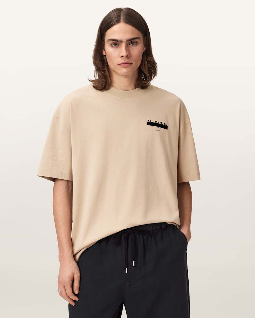 AllSaints Redact Oversized Embroidered Logo T Shirt Waved Blue