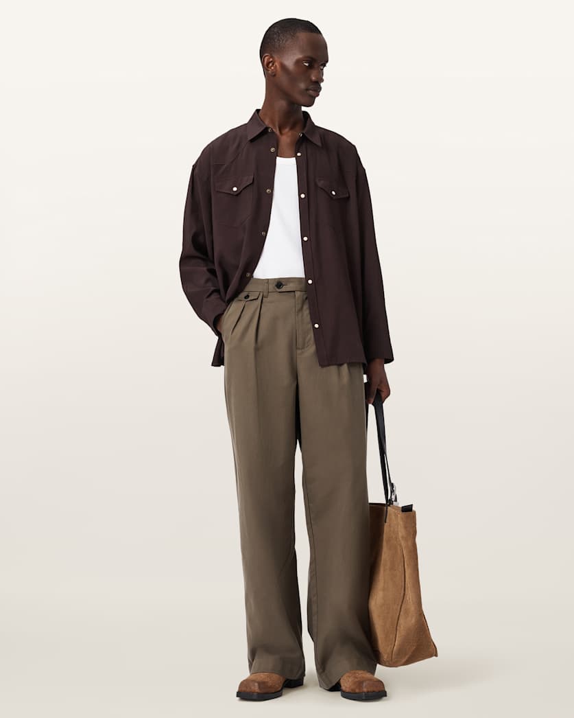 AllSaints Conway Wide Leg Pleated Pants Sandshell Taupe