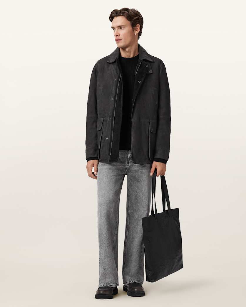 AllSaints Bolton Waxed Suede Coat Washed Black