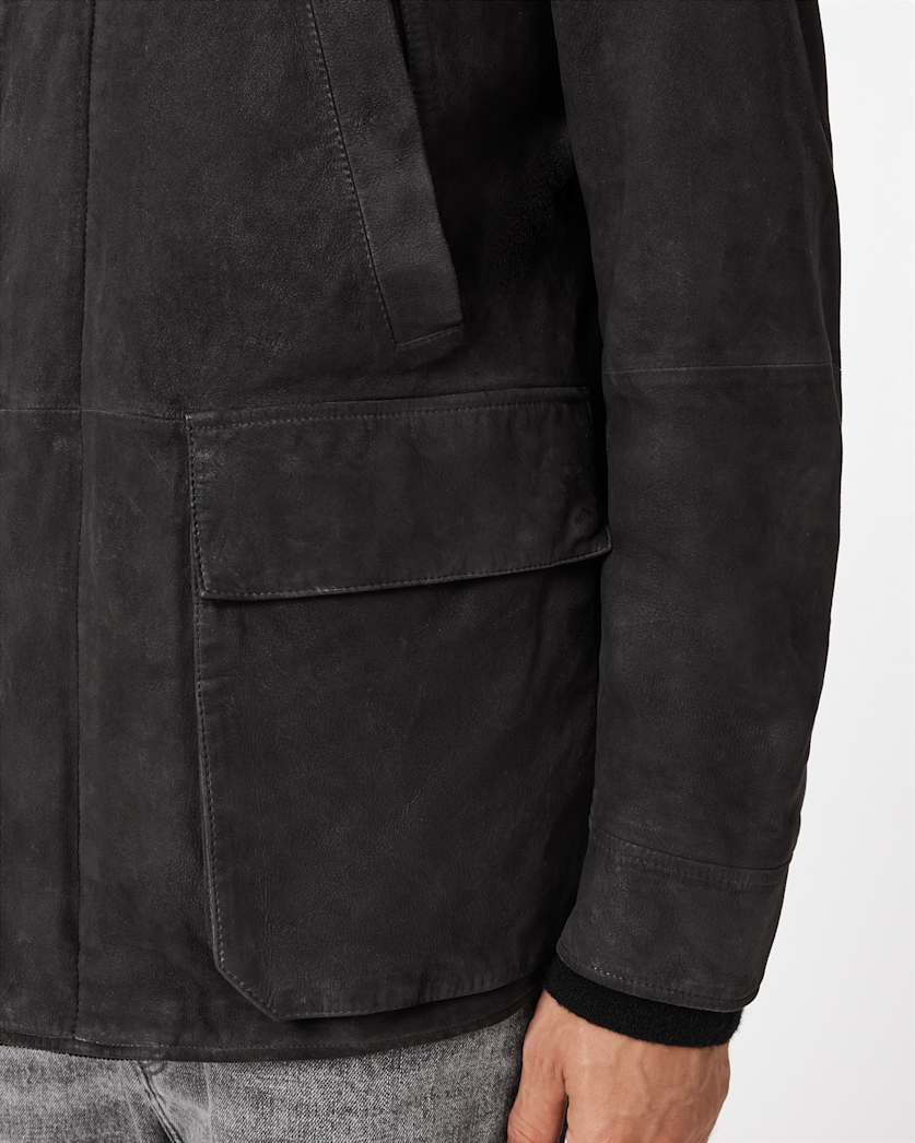 AllSaints Bolton Waxed Suede Coat Washed Black