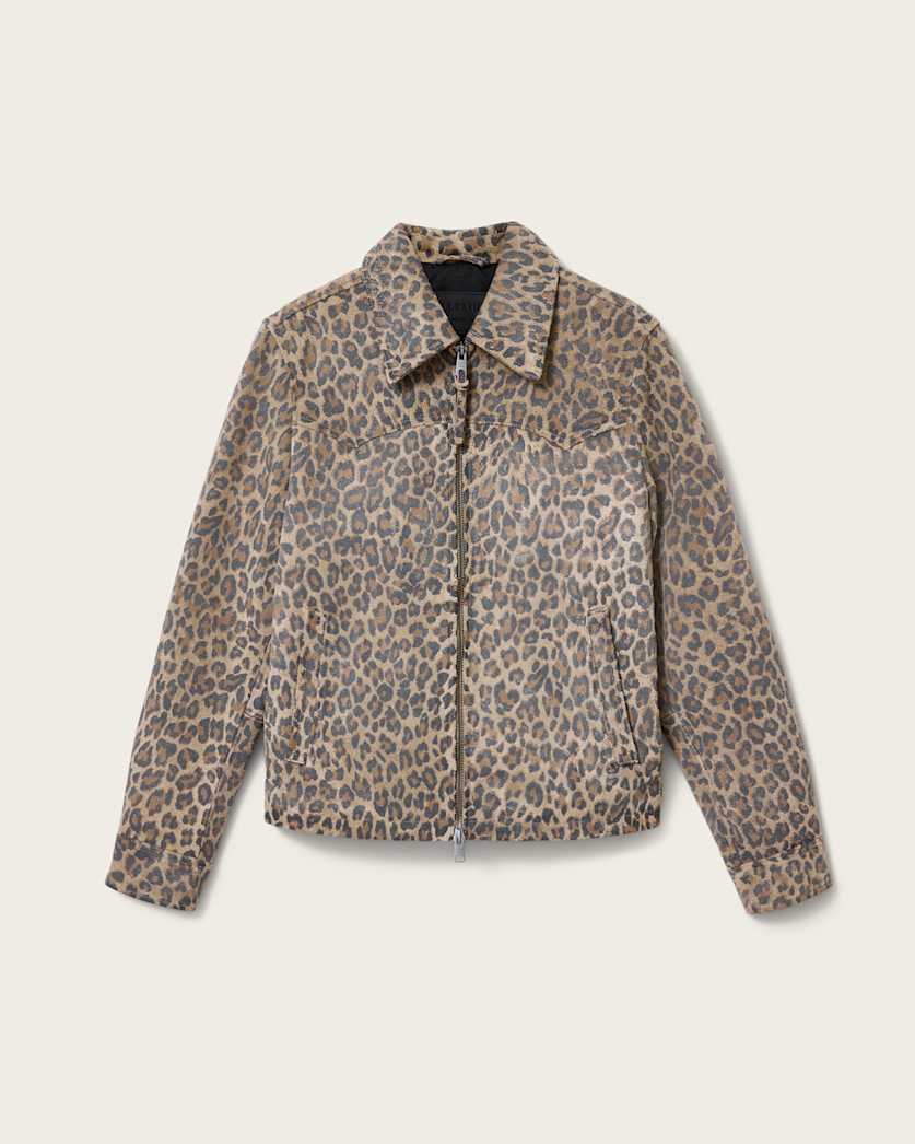 AllSaints Dellcot Leopard Print Suede Jacket Peanut Brown