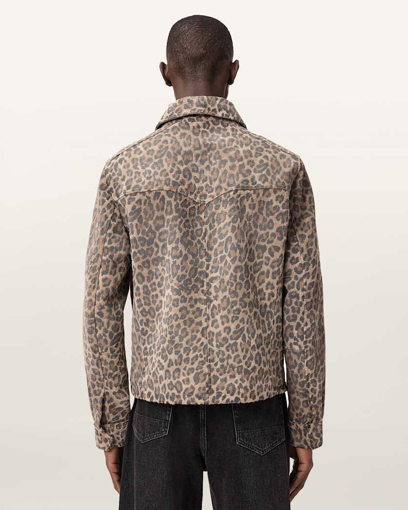AllSaints Dellcot Leopard Print Suede Jacket Peanut Brown