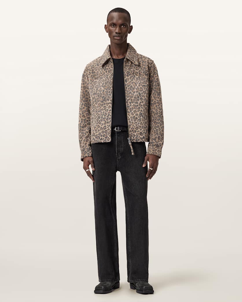 AllSaints Dellcot Leopard Print Suede Jacket Peanut Brown