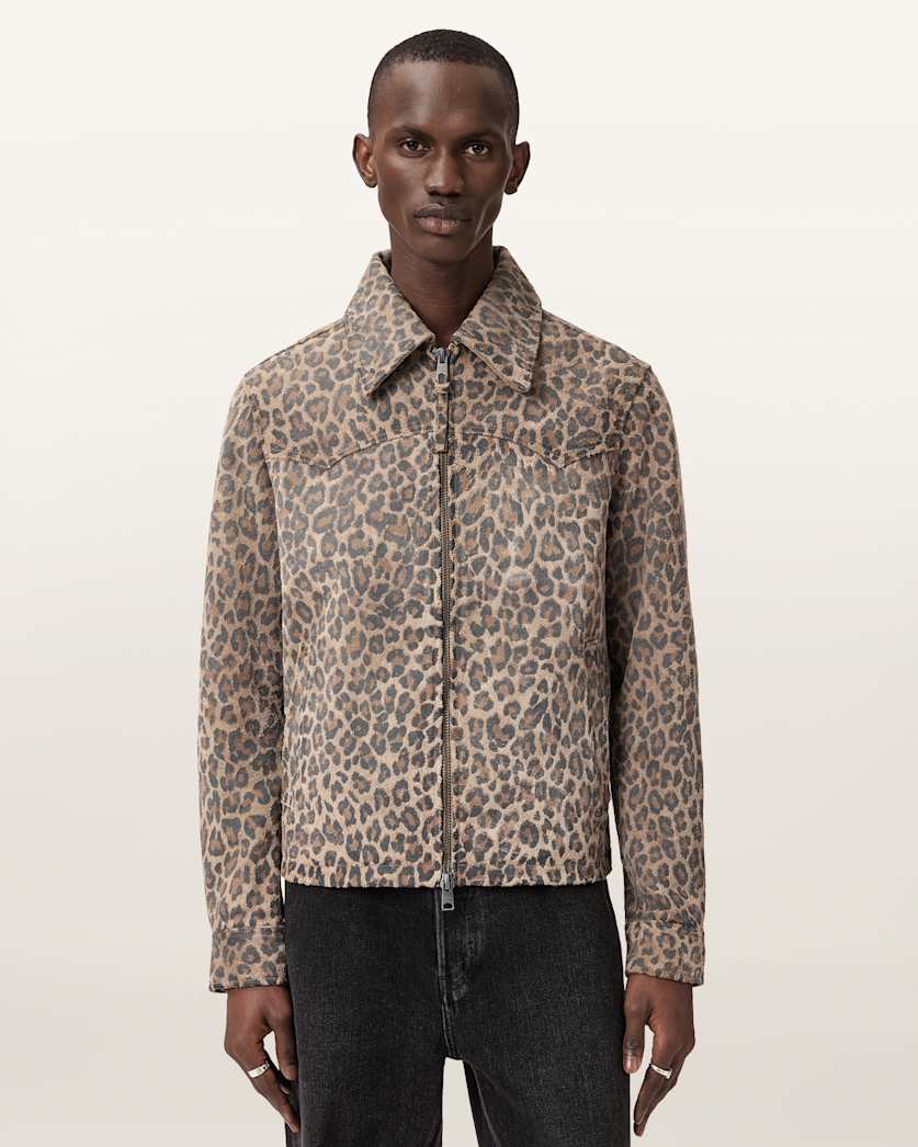 AllSaints Dellcot Leopard Print Suede Jacket Peanut Brown