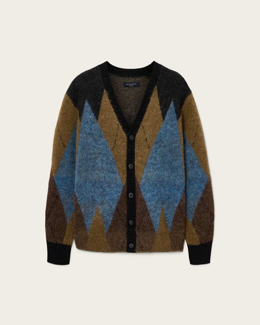 AllSaints Bernie Oversized Argyle Cardigan Cider Brown