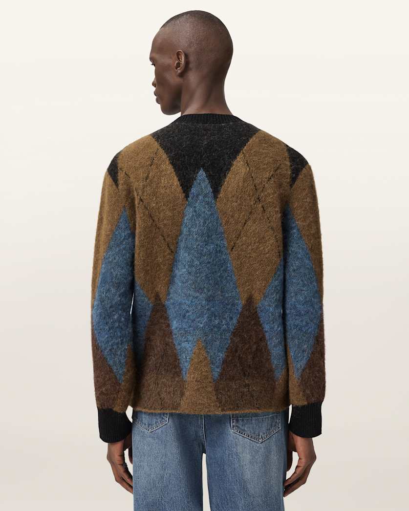 AllSaints Bernie Oversized Argyle Cardigan Cider Brown