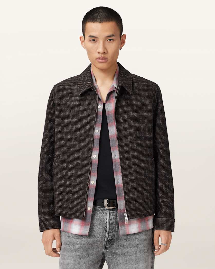 AllSaints City Hall Check Jacket Anchor Brown