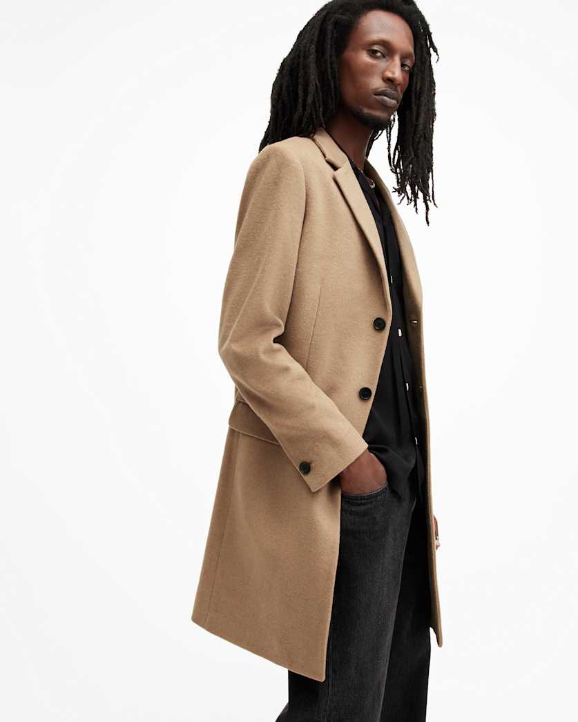 AllSaints Hal Single Breasted Wool Blend Coat Camel Brown