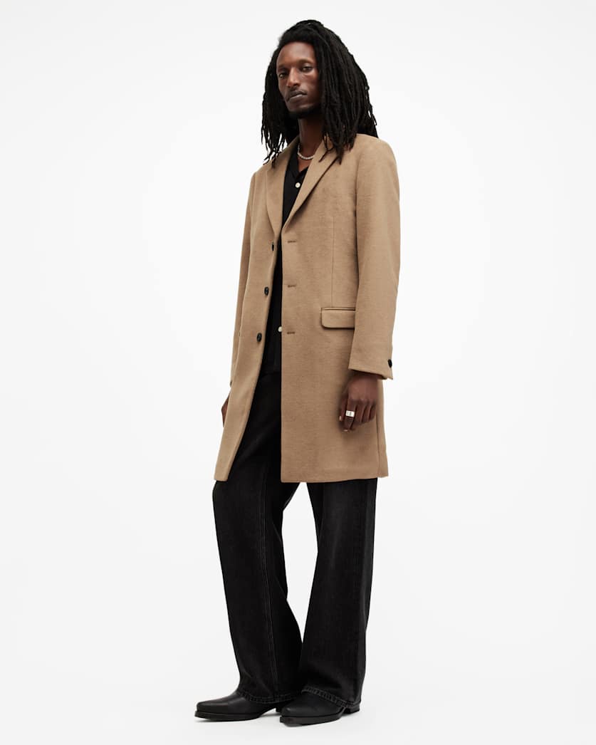 AllSaints Hal Single Breasted Wool Blend Coat Camel Brown