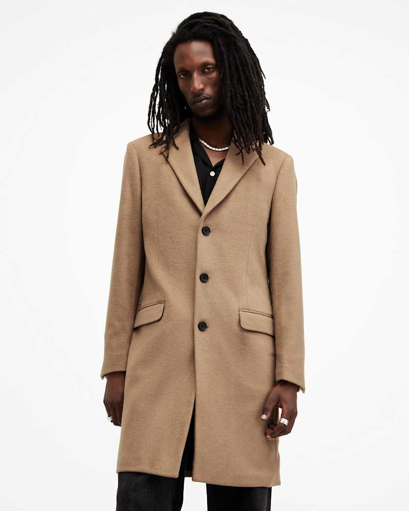 AllSaints Hal Single Breasted Wool Blend Coat Camel Brown