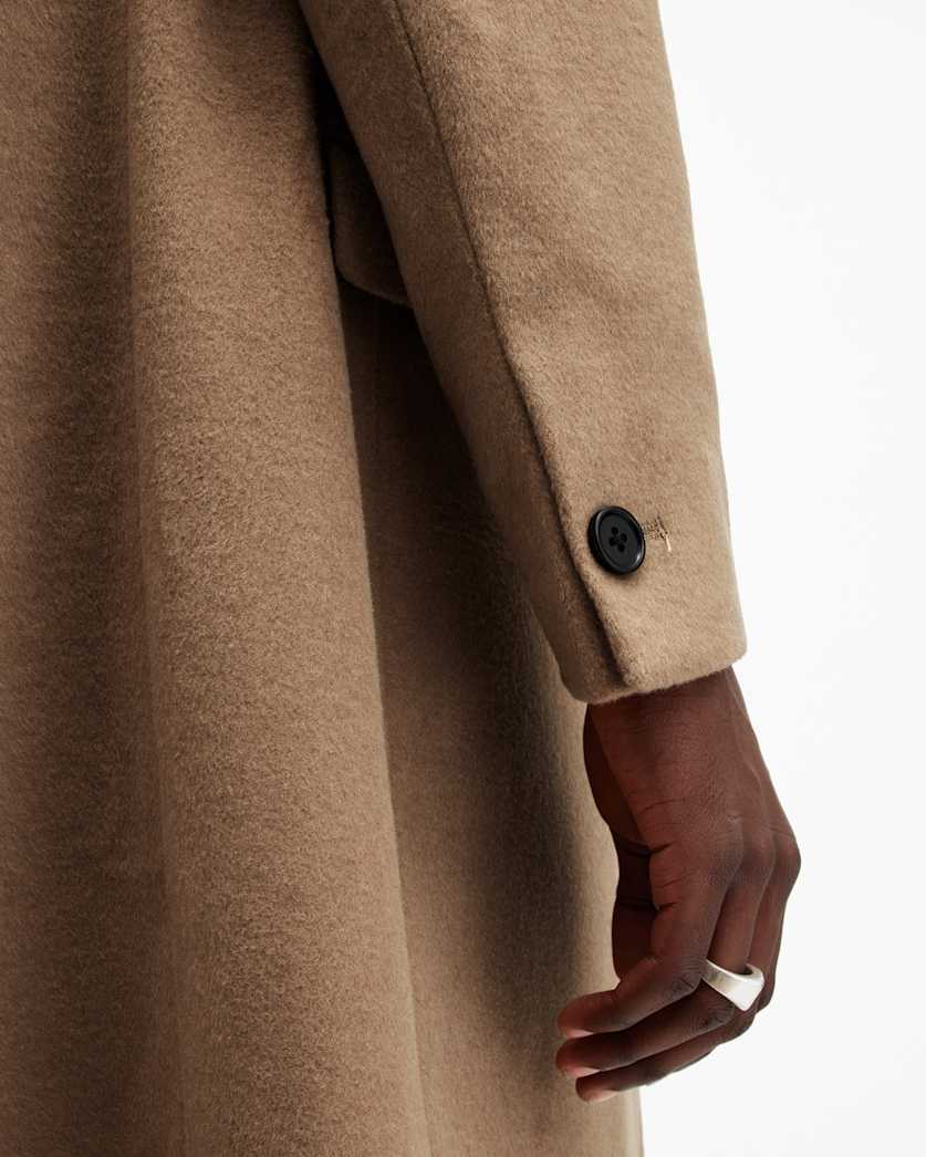 AllSaints Hal Single Breasted Wool Blend Coat Camel Brown